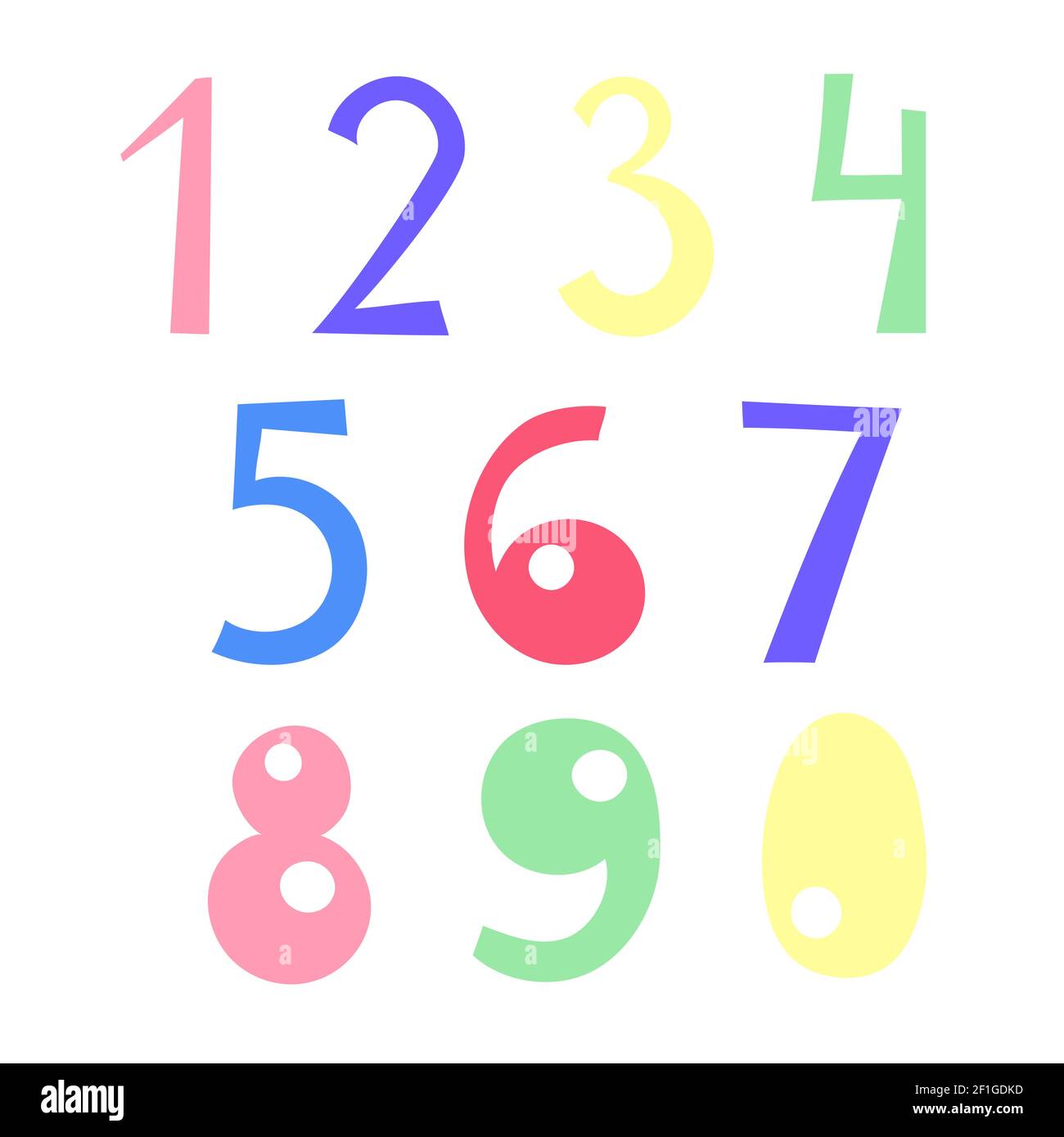 Numeri di colori diversi disegnati a mano in stile doodle illustrazione vettoriale, simboli matematici, cute divertente scritta decorativa Illustrazione Vettoriale