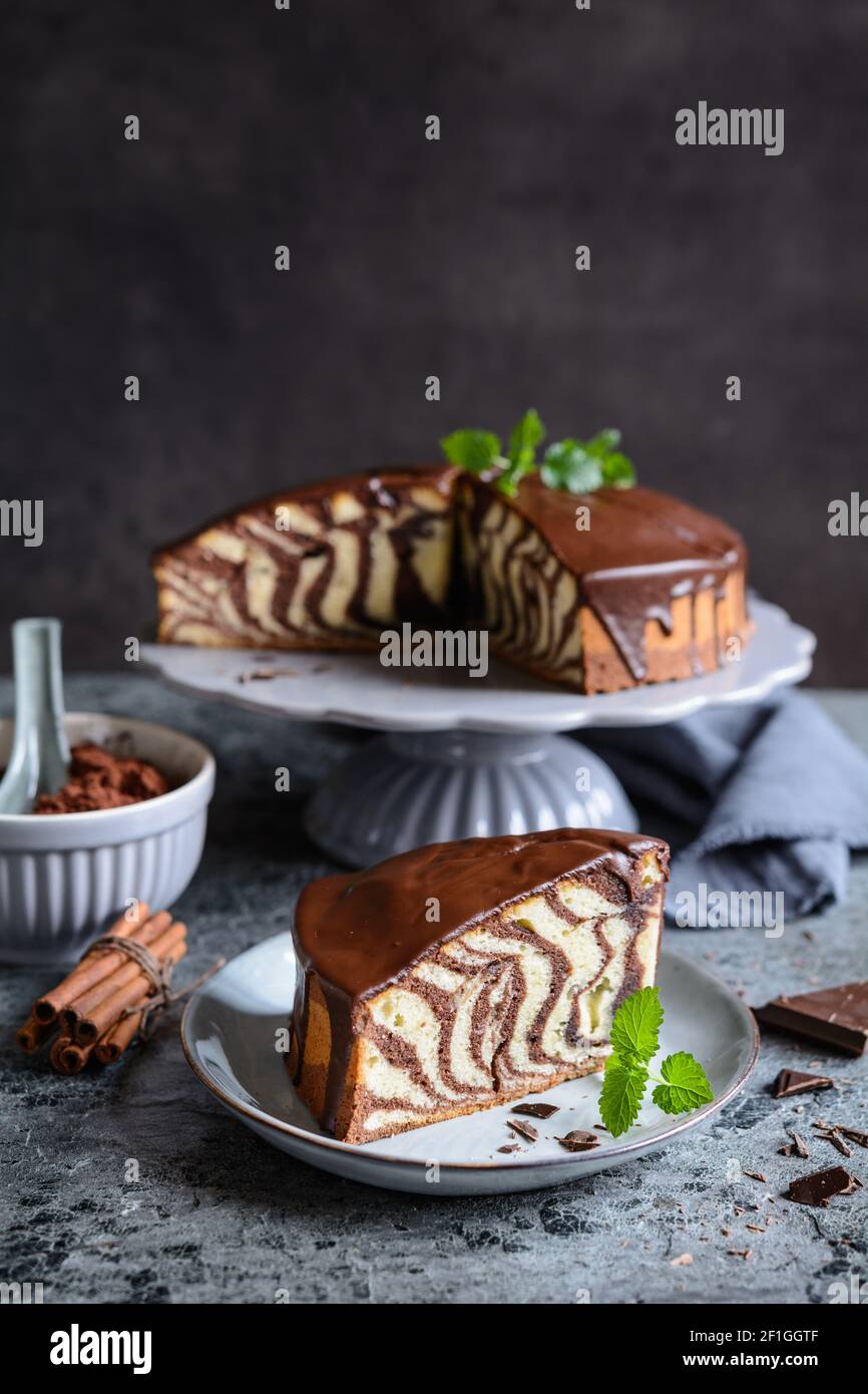 Torta di marmo di Zebra fatta in casa con glassa al cioccolato Foto Stock