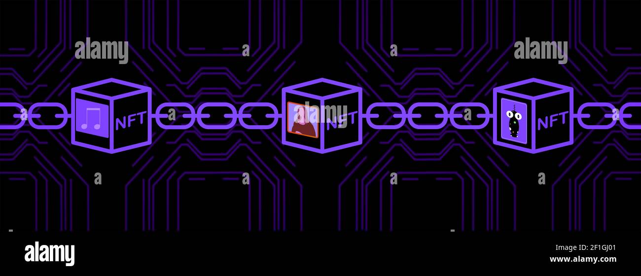 I gettoni non fungibili NFT arte e illustrazione da collezione, utilizzano la tecnologia blockchain per creare oggetti digitali unici per la crioarte, cripto-collezionabili Foto Stock