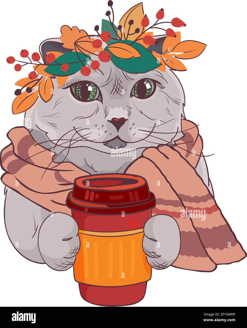 Poster della moda. Gatto britannico con una corona di foglie e una tazza di caffè. Stampa con un simpatico gattino avvolto in una sciarpa. Illustrazione vettoriale isolata su sfondo bianco. Scheda divertente nello stile di schizzo. Illustrazione Vettoriale