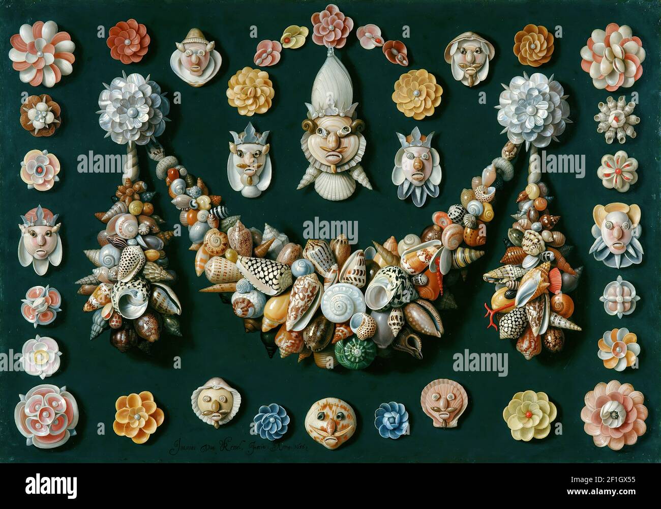 Jan Van Kessel il Vecchio - maschere Festoon e rosette In conchiglie Foto Stock