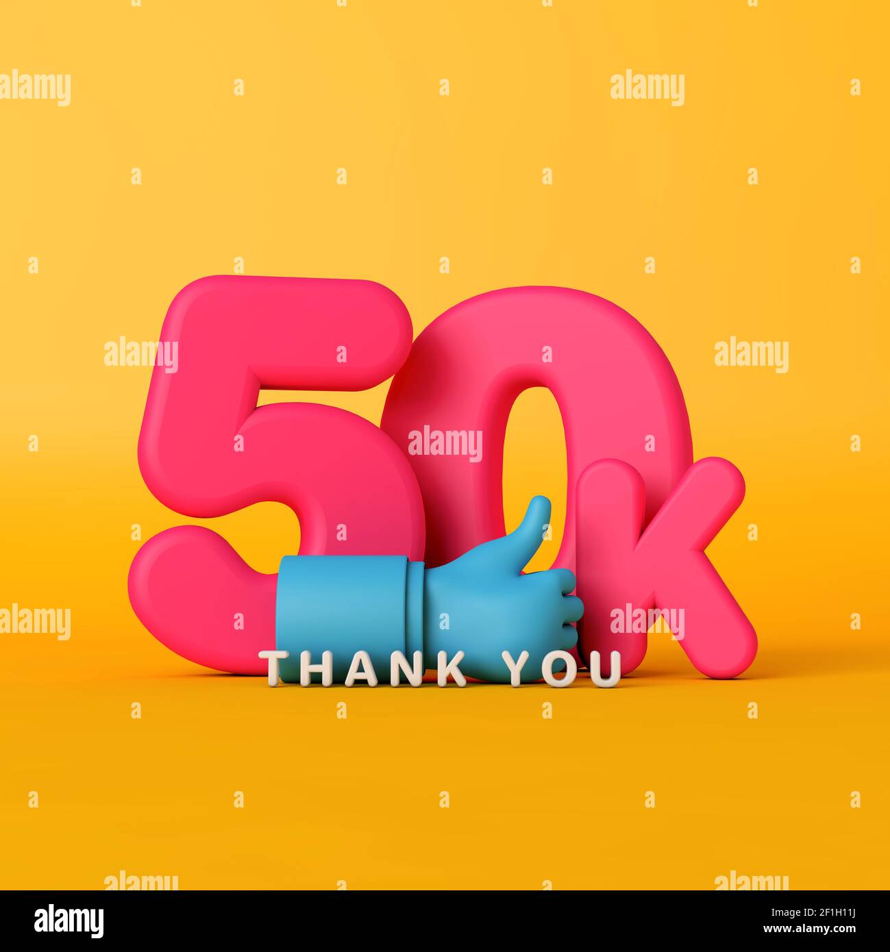 Grazie 50 mila seguaci. Banner sui social media. Rendering 3D Foto Stock
