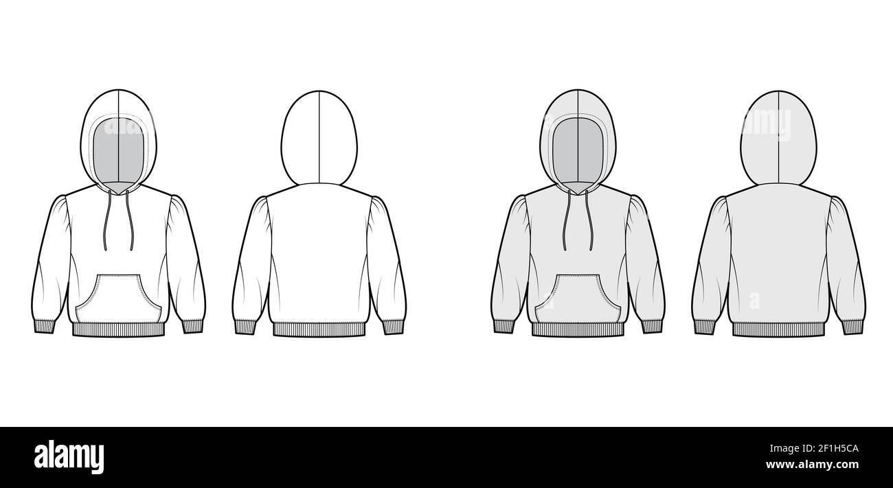 Felpa con cappuccio illustrazione tecnica di moda con maniche a gomito, corpo relax, borsa canguro, polsino a coste a maglia, cordoncino. Dima piatta anteriore, posteriore, bianco, grigio. Donne, uomini, unisex CAD mockup Illustrazione Vettoriale