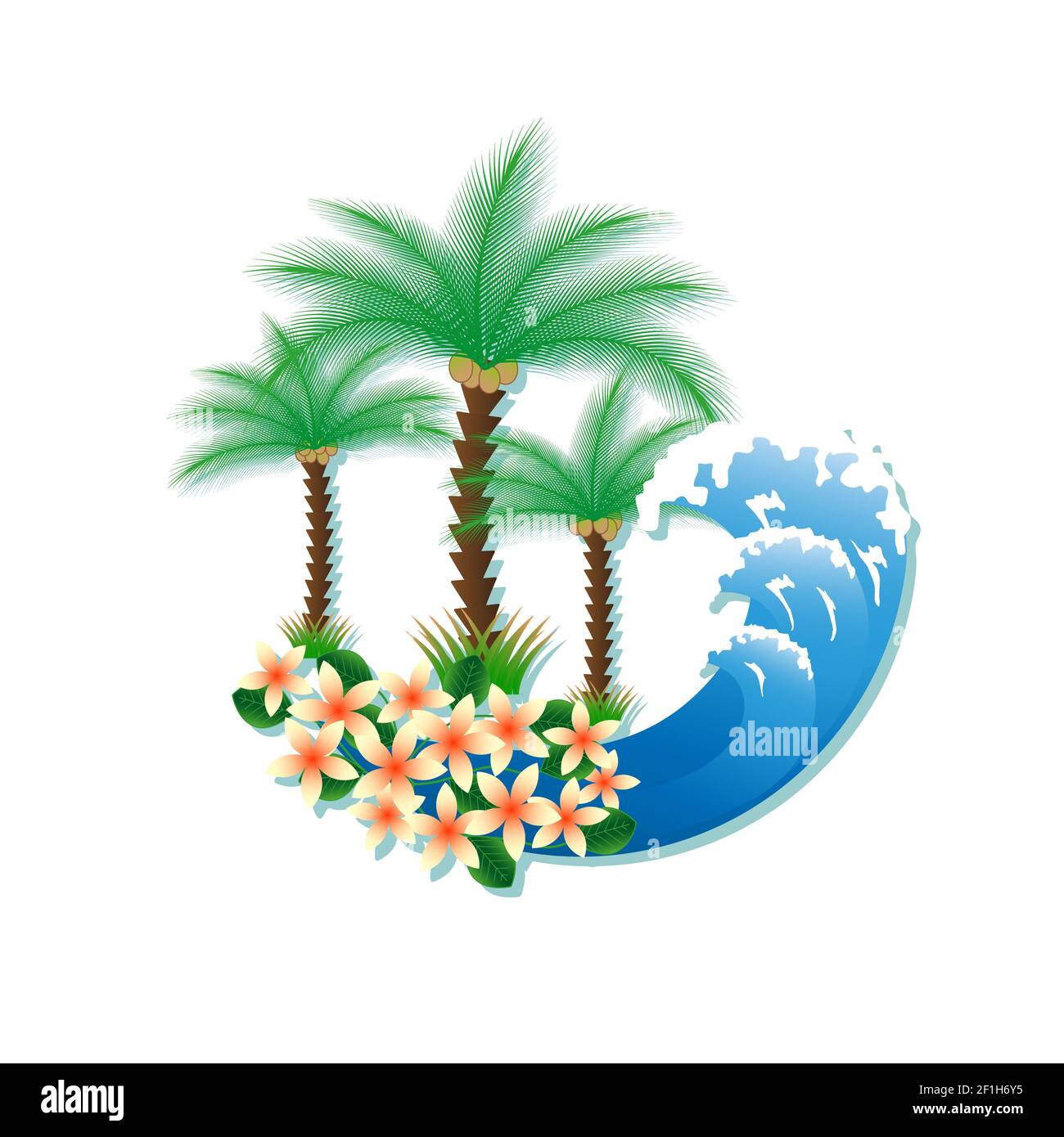 Isola tropicale con palme e surf Foto Stock