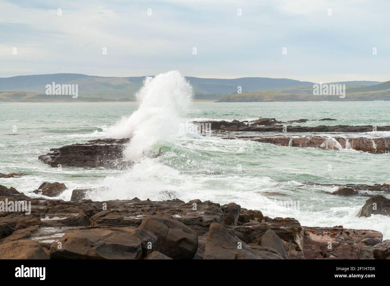 Le onde dell'Oceano Pacifico si schiacciano sulle rocce e spruzzi d'acqua intorno nella baia di Porpoise della Nuova Zelanda, i Catlins Foto Stock
