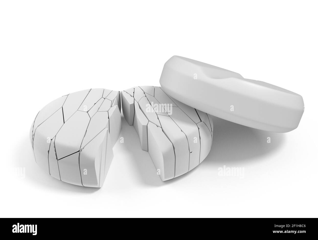 Due compresse bianche uno rotto isolato 3d illustrazione Foto Stock