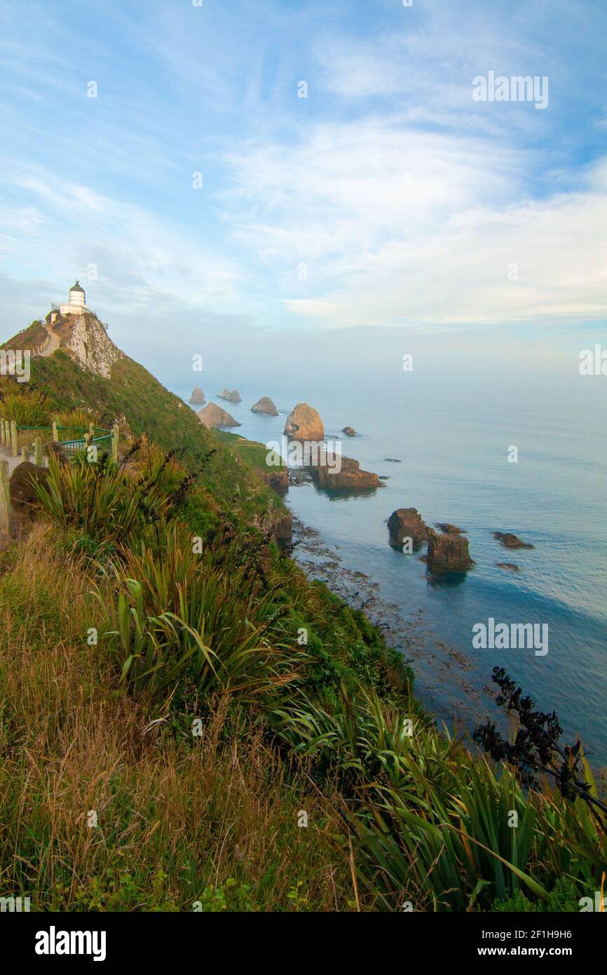 Iconiche forme di terra e isolette rocciose di Nugget Point Nuova Zelanda, la costa di Catlins, la regione di Otago, Nuova Zelanda Foto Stock