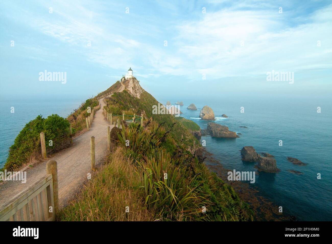 Faro di Nugget Point e famosi isolotti rocciosi (i Nuggets) sulla costa dell'Oceano Pacifico, tokata Walk, Southland Nuova Zelanda Foto Stock