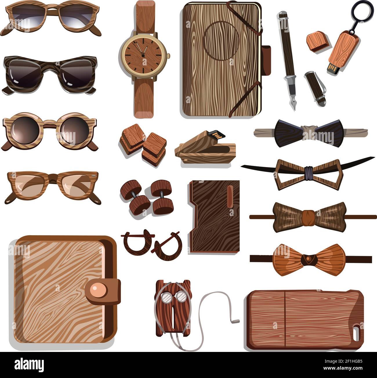 Set di accessori hipster in legno alla moda con occhiali da sole orologio usb flash custodie cuffie bow craves penna dumbbells isolato vettore illustrazione Illustrazione Vettoriale