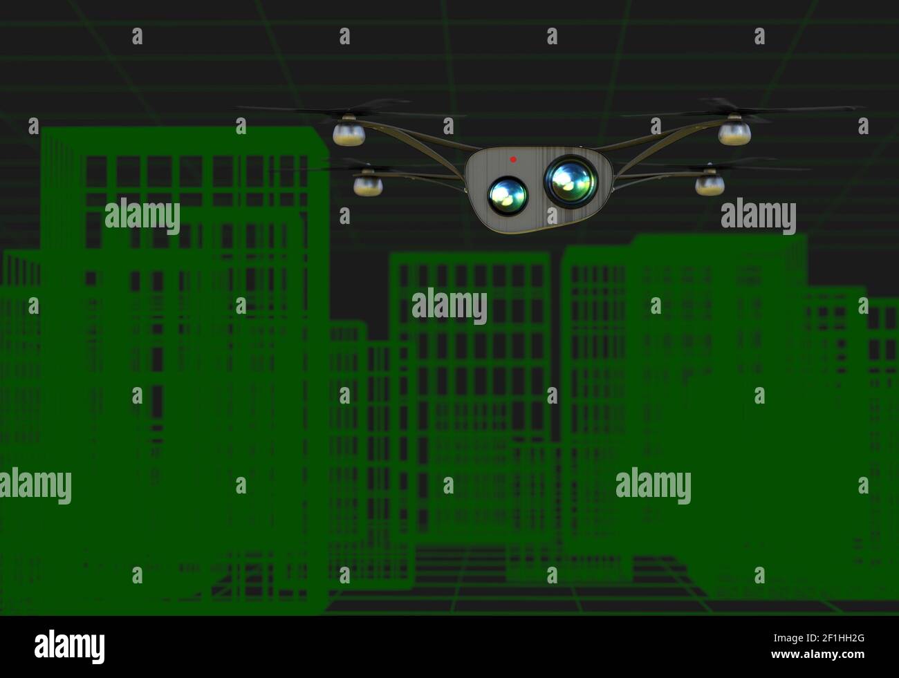 Copter realistico con telecamere volando sopra la città virtuale 3d illustrazione Foto Stock