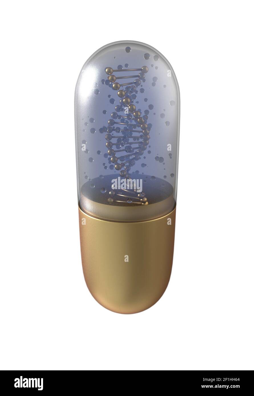 Elica di DNA all'interno di capsule di pillola in piedi 3d illustrazione Foto Stock