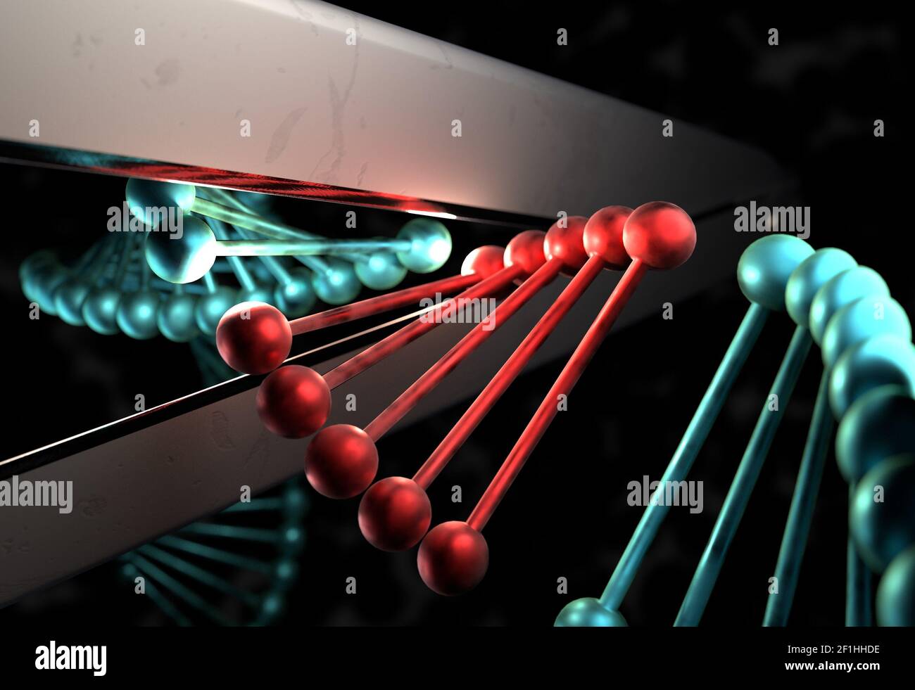 Il DNA tagliato il gene difettoso da una piattaforma a forbice 3d illustrazione Foto Stock