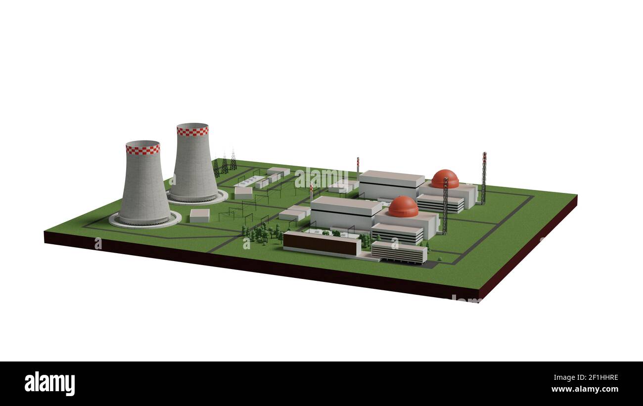 Centrale nucleare isolata su illustrazione 3d bianca Foto Stock