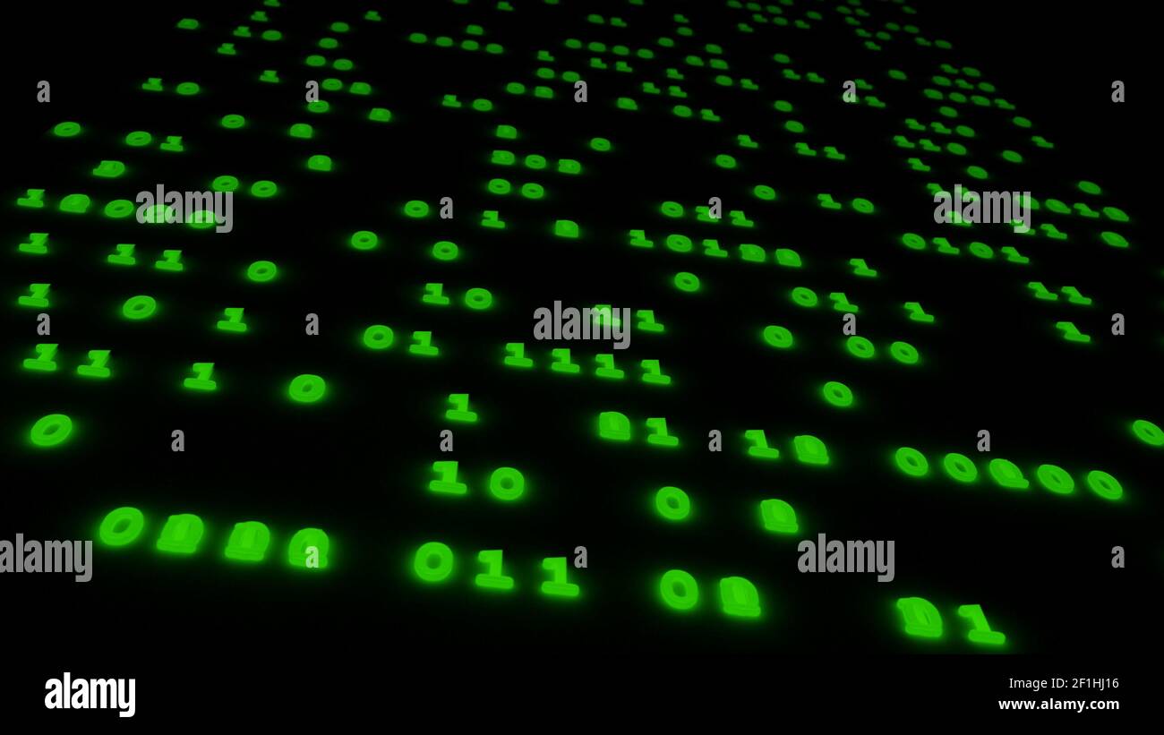 Codice binario astratto bagliore sfondo verde illustrazione 3d. Foto Stock