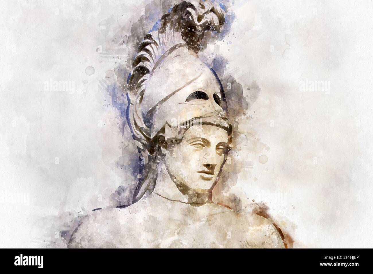 Acquerello, Statua dell'antico statista di Atene Pericle. Testa in casco greco antica scultura di guerriero. Foto Stock