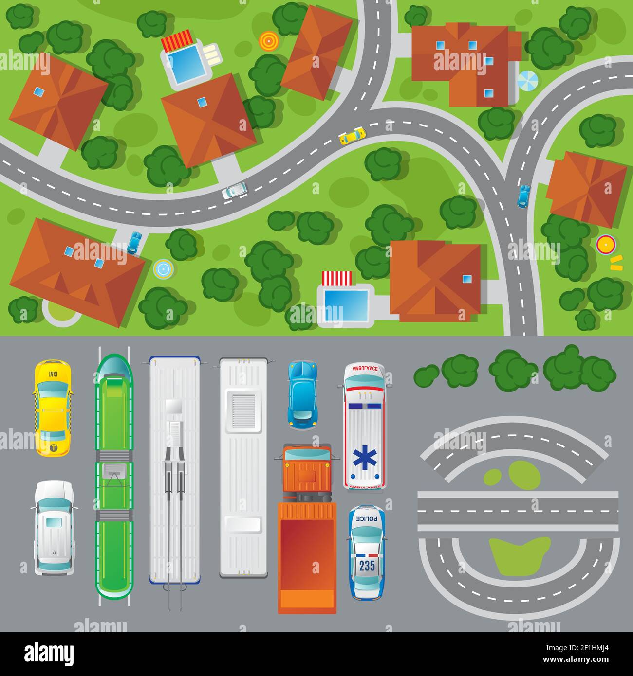 Concetto di vista dall'alto del paesaggio cittadino con trasporti su strada di veicoli diversi case e alberi illustrazione vettoriale Illustrazione Vettoriale