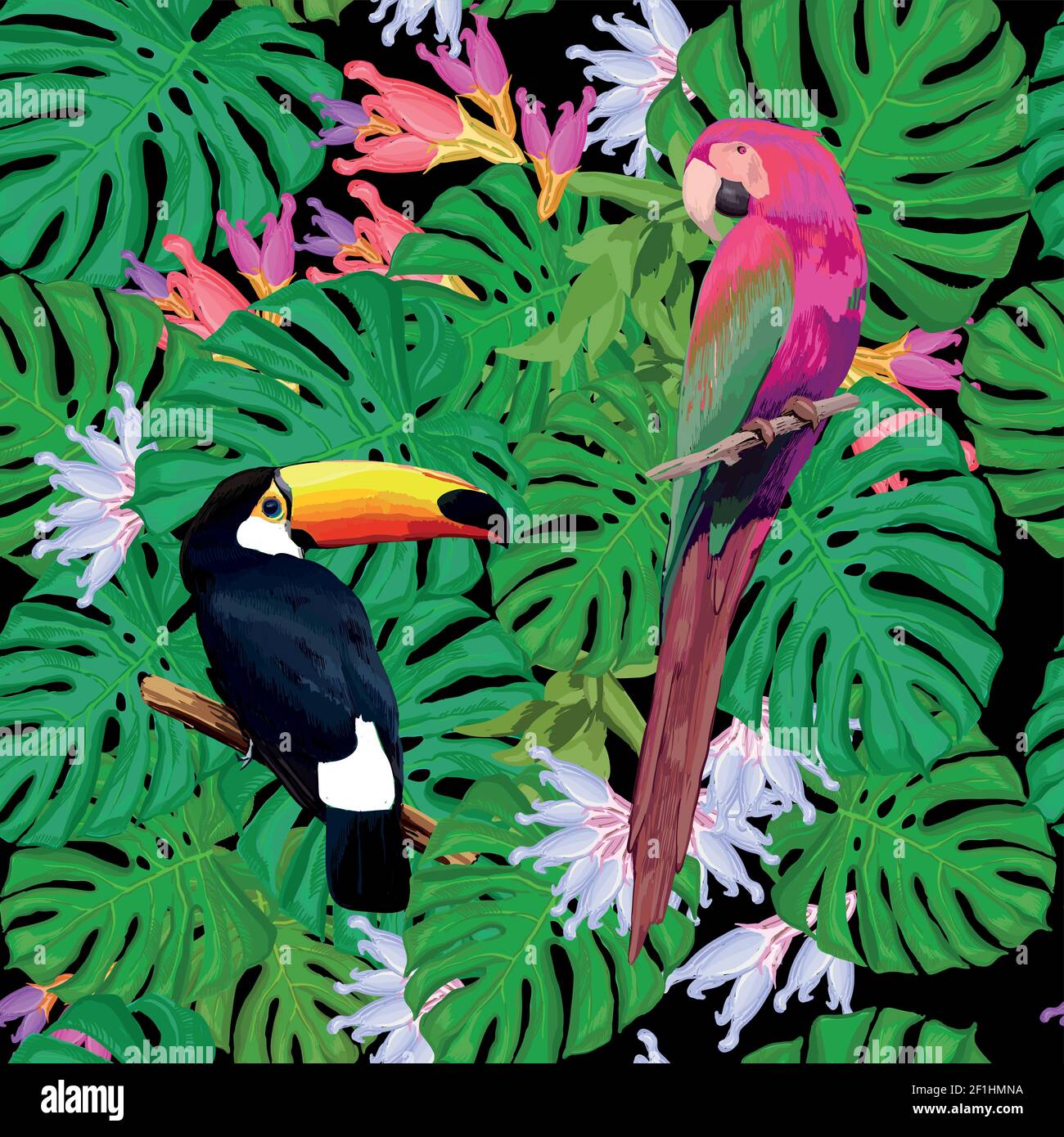 Uccelli esotici senza cuciture modello con toucan ara rami di palma verde e fiori tropicali illustrazione vettoriale Illustrazione Vettoriale