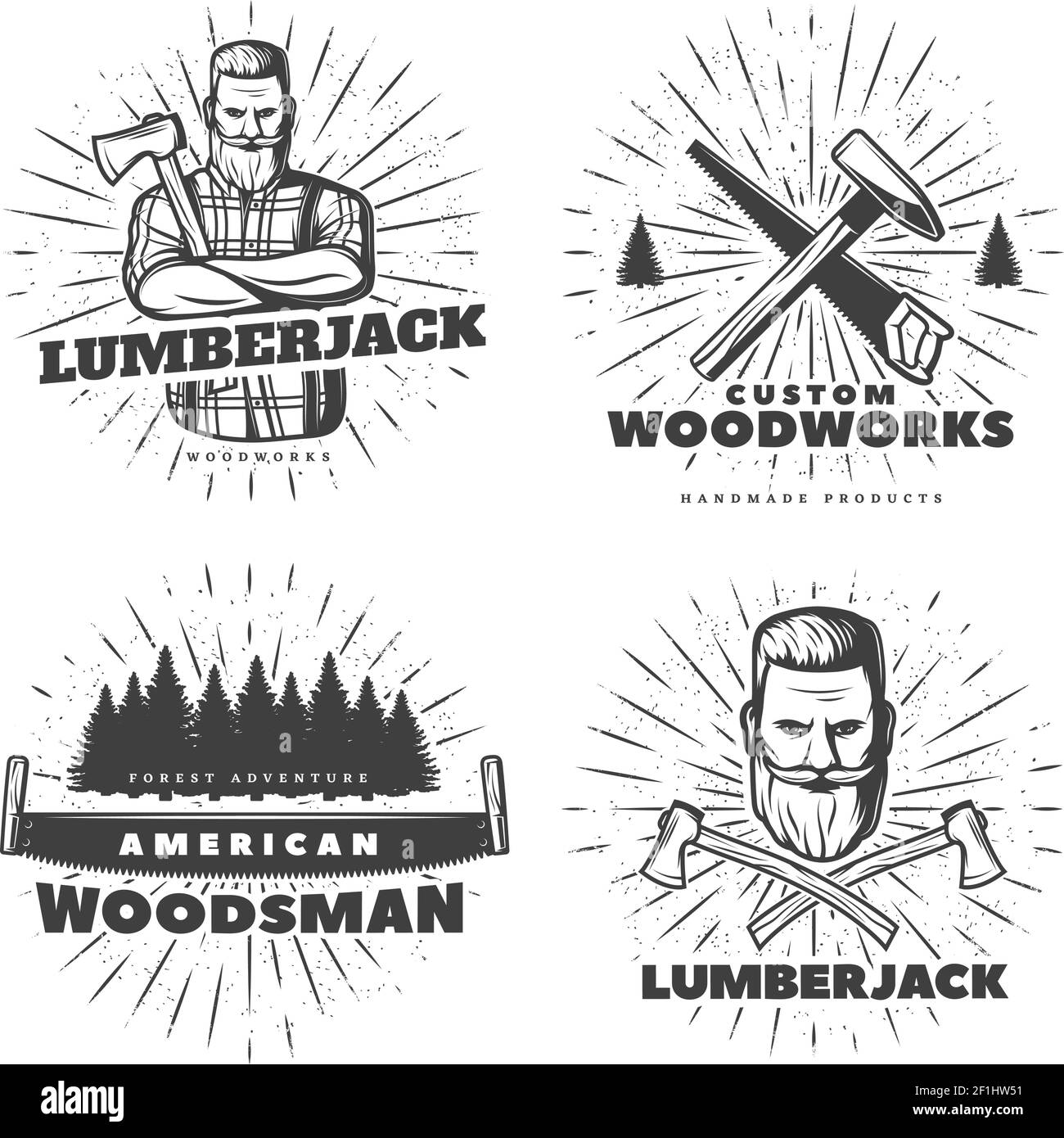 Lumberjack emblema disegni insieme con isolato vecchio stile composizioni di sunburst e strumenti disegnati alberi caratteri illustrazione vettoriale Illustrazione Vettoriale