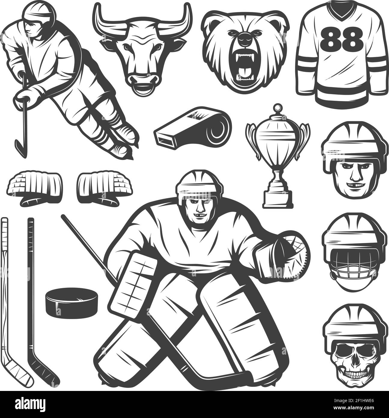 Set di elementi isolati monocromo della lega di hockey con emblema personaggi del giocatore mascotte munizioni e illustrazione vettoriale coppa Illustrazione Vettoriale