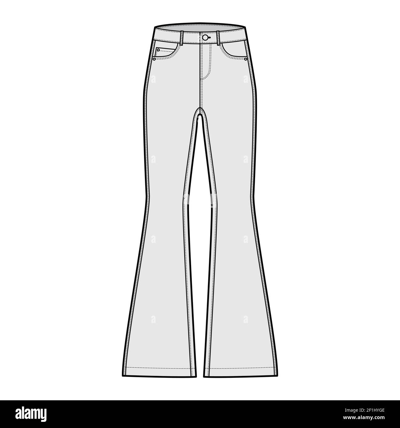 Jeans fondo svasato pantaloni denim illustrazione tecnica moda con lunghezza intera, vita bassa, 5 tasche, rivetti. Modello di abbigliamento a fondo piatto, colore grigio. Donne, uomini, unisex CAD mockup Illustrazione Vettoriale