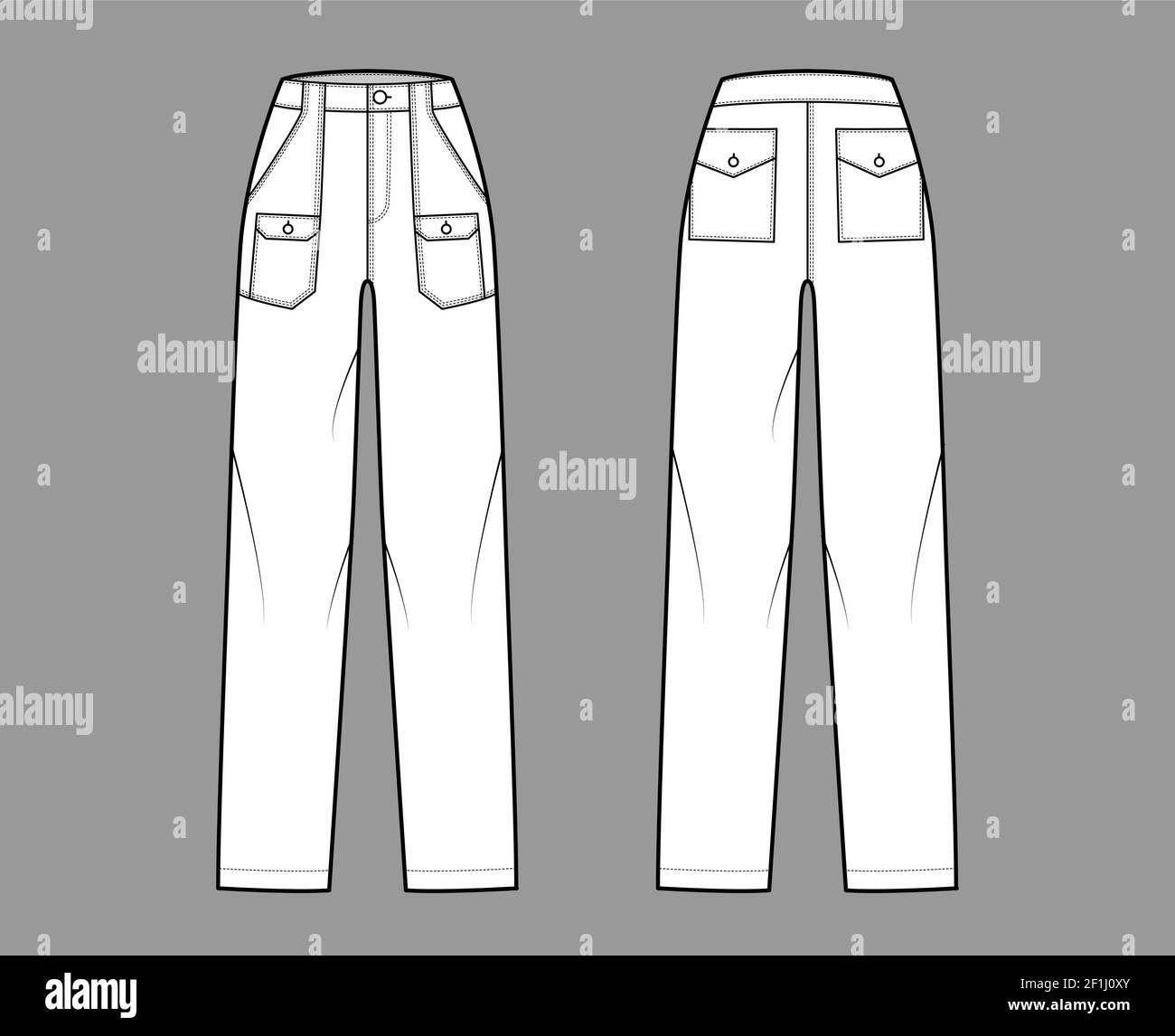 Pantaloni Bush pantaloni denim illustrazione tecnica di moda con vita  normale, alto, toppa mantice tasche cargo. Modello di abbigliamento a fondo  piatto sul retro, colore bianco. Donne uomini Unisex CAD mockup Immagine