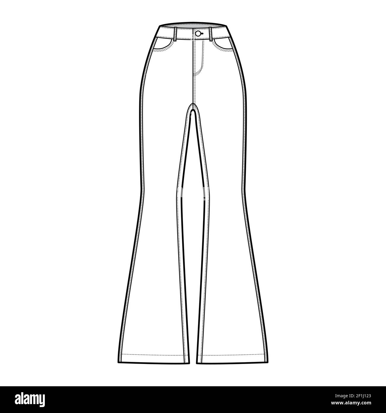 Jeans fondo svasato pantaloni denim illustrazione tecnica moda con lunghezza intera, vita normale, alto, 5 tasche, rivetti. Modello di abbigliamento piatto anteriore, bianco, stile colore. Donne, unisex CAD mockup Illustrazione Vettoriale