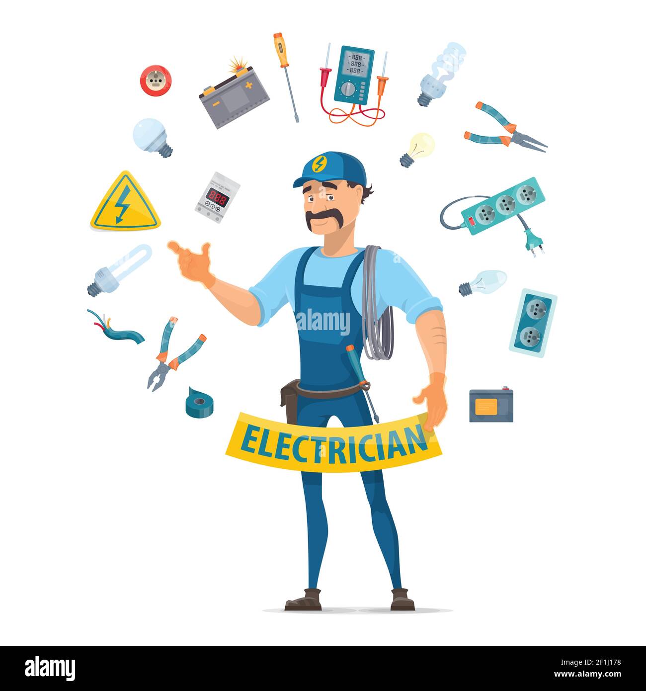 Concetto di elementi elettrici colorati con elettricista affumicato e elettricista professionale strumenti nell'illustrazione vettoriale isolata a forma di cerchio Illustrazione Vettoriale