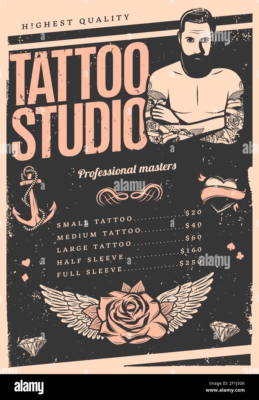 Poster da studio tatuaggio vintage con listino prezzi ancorante  professionale illustrazione del vettore delle ali e della rosa del cuore  Immagine e Vettoriale - Alamy