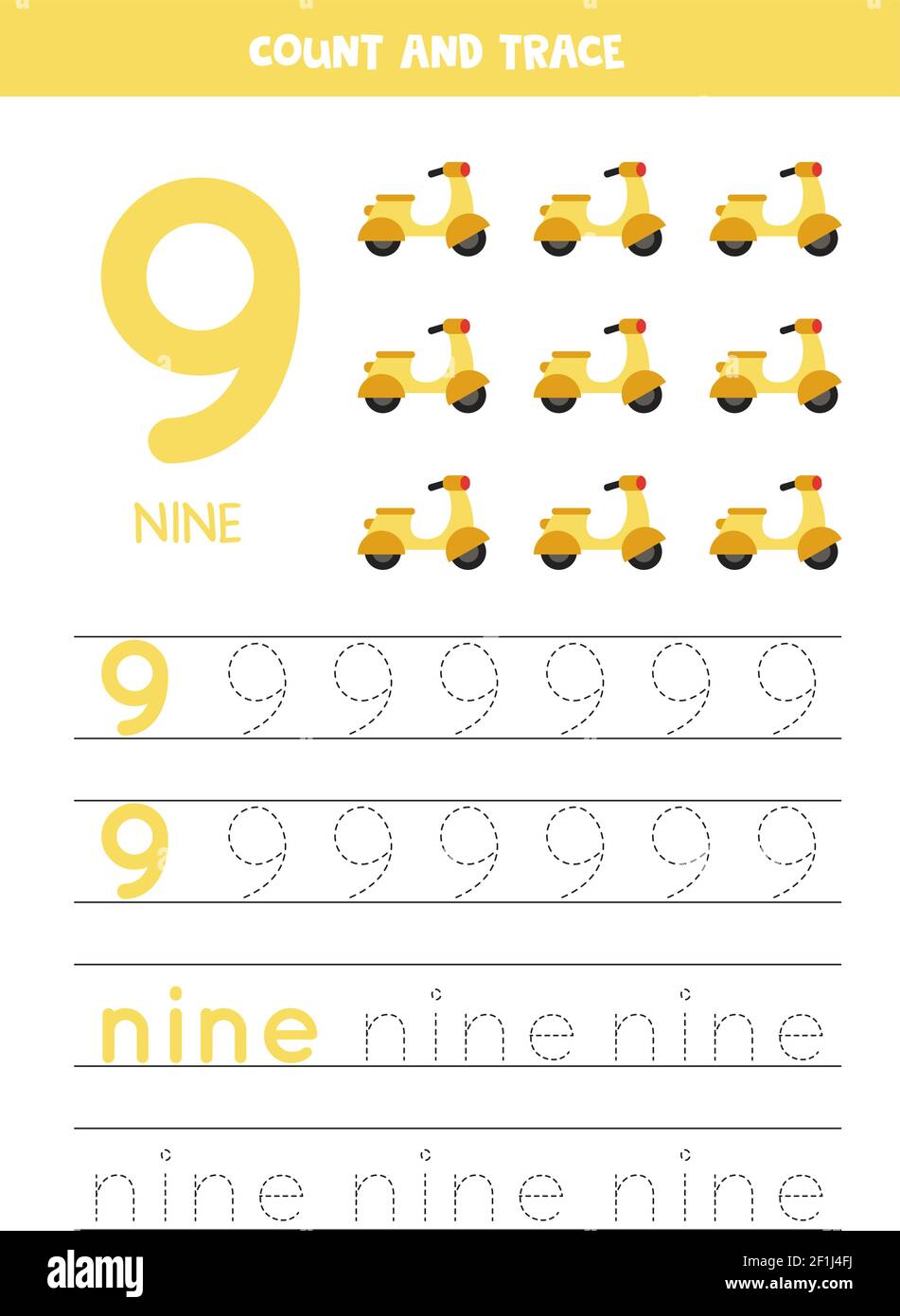 Traccia numero 9 e la parola nove. Pratica di scrittura a mano per i bambini con scooter a motore. Illustrazione Vettoriale