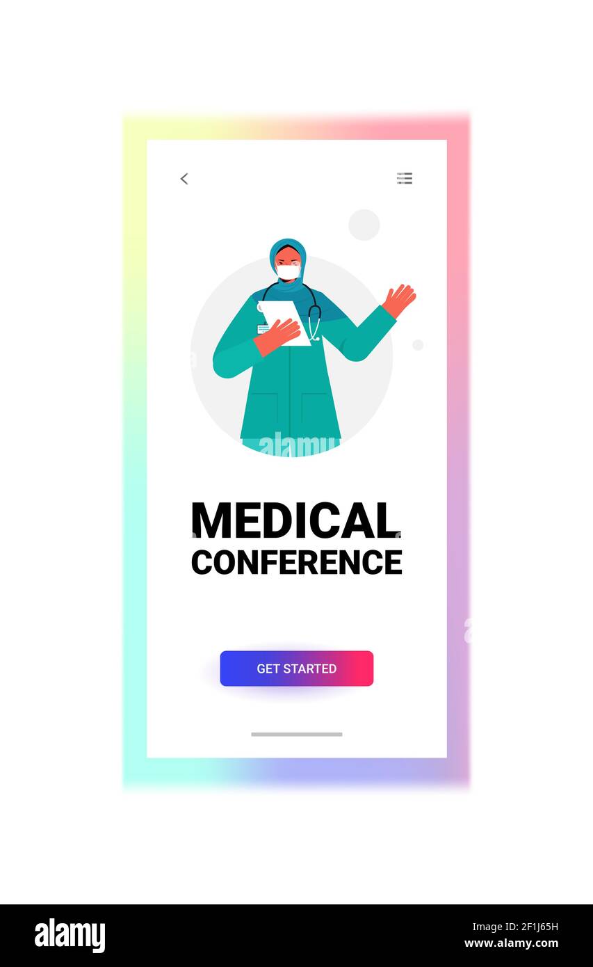 medico che discute durante la videochiamata su tablet pc consultazione online conferenza medica virtuale covid-19 pandemia auto isolamento medicina concetto sanitario immagine vettoriale verticale Illustrazione Vettoriale