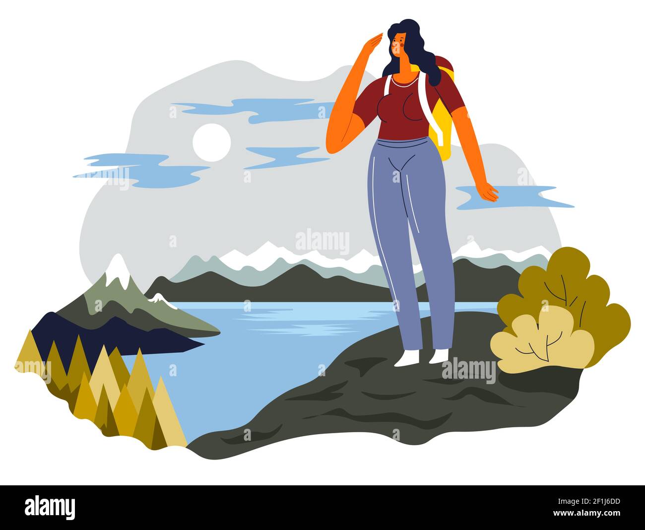 Donna che guarda le montagne lago in piedi sulla cima Illustrazione Vettoriale