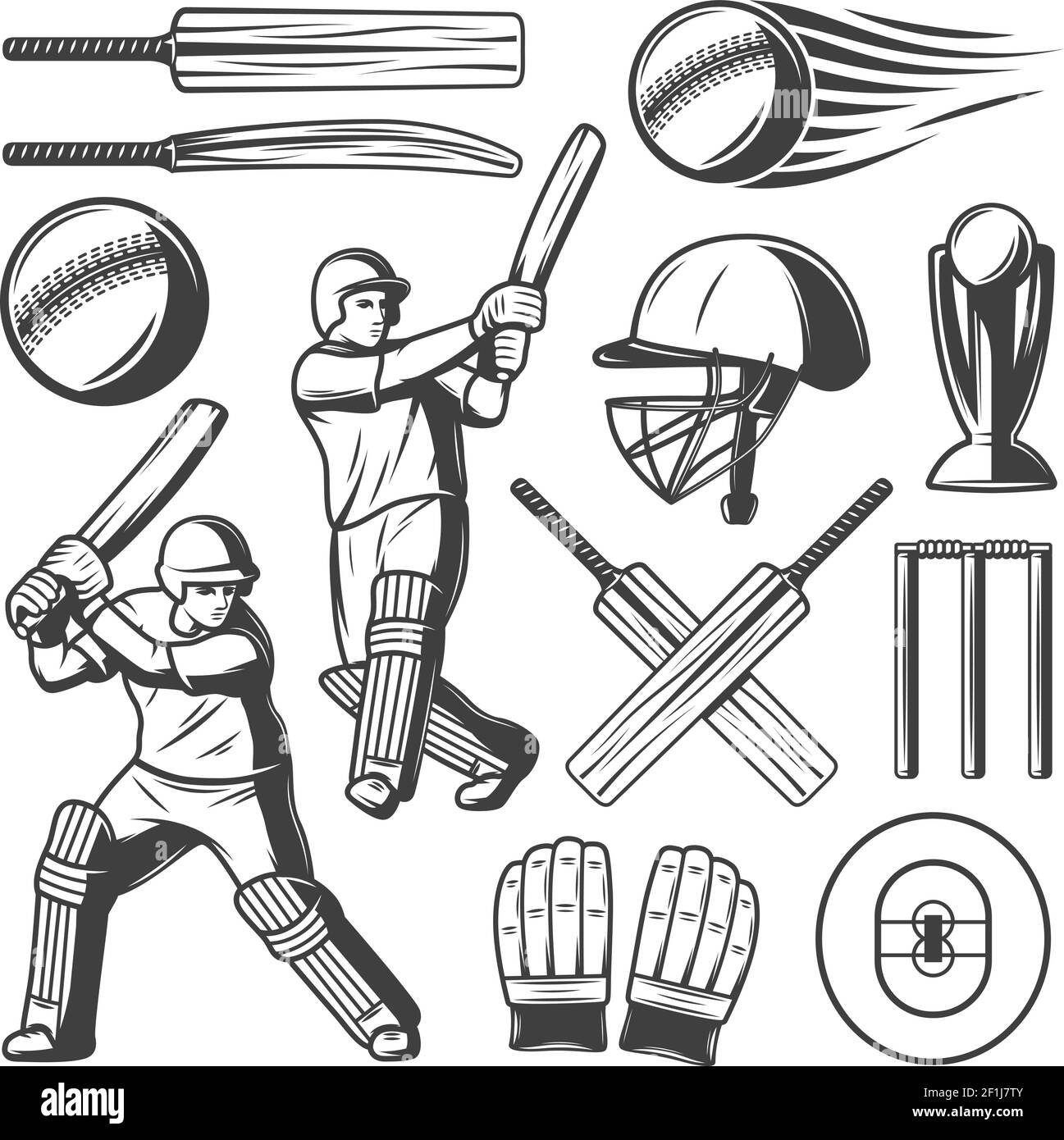 Collezione vintage di cricket Elements con wicket e attrezzature sportive in un'illustrazione vettoriale isolata con stile disegnato a mano Illustrazione Vettoriale