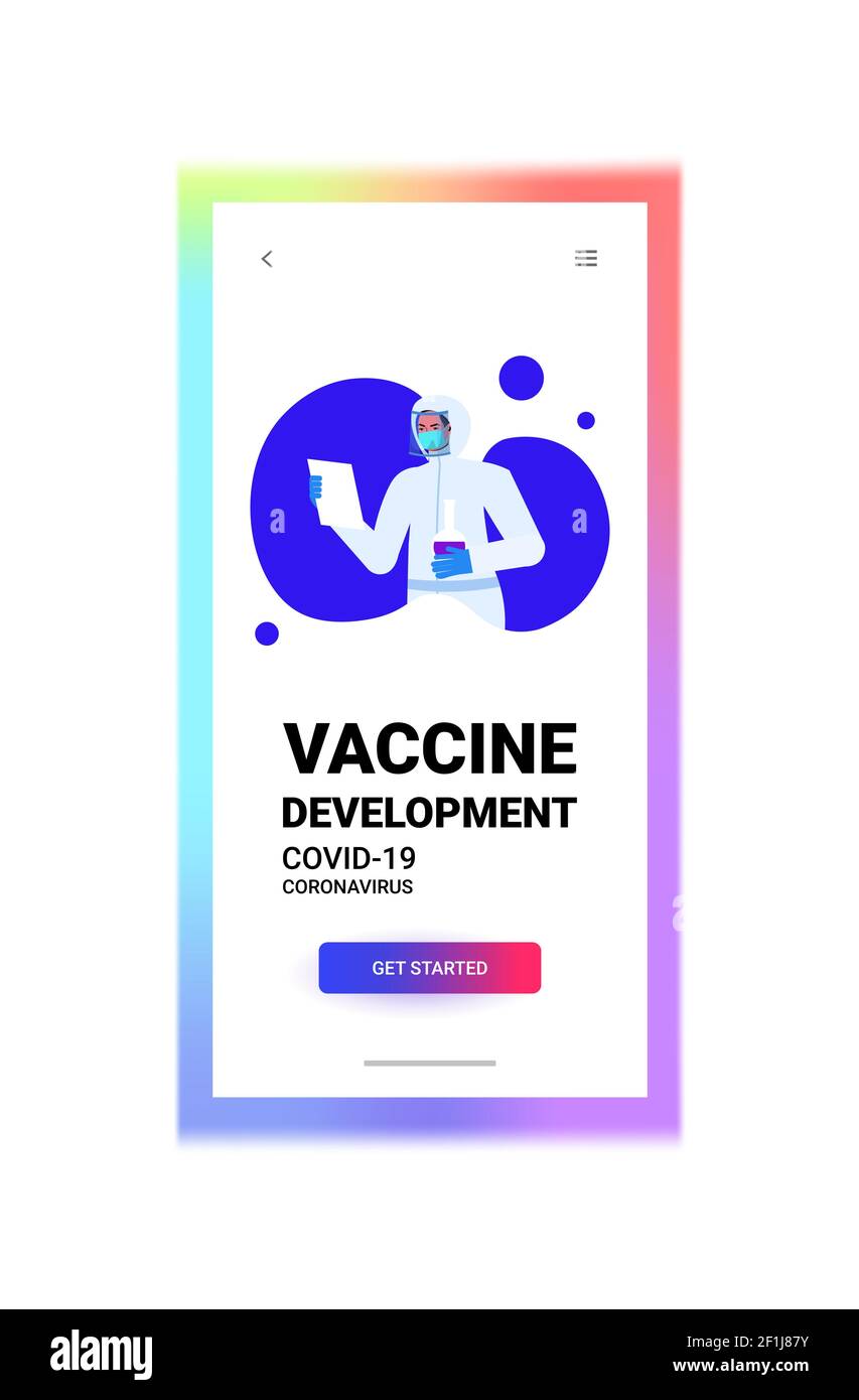 resarcher scienziato che tiene la provetta di prova nello sviluppo del vaccino di laboratorio del coronavirus lotta contro covid-19 concetto verticale verticale spazio di copia illustrazione vettoriale Illustrazione Vettoriale