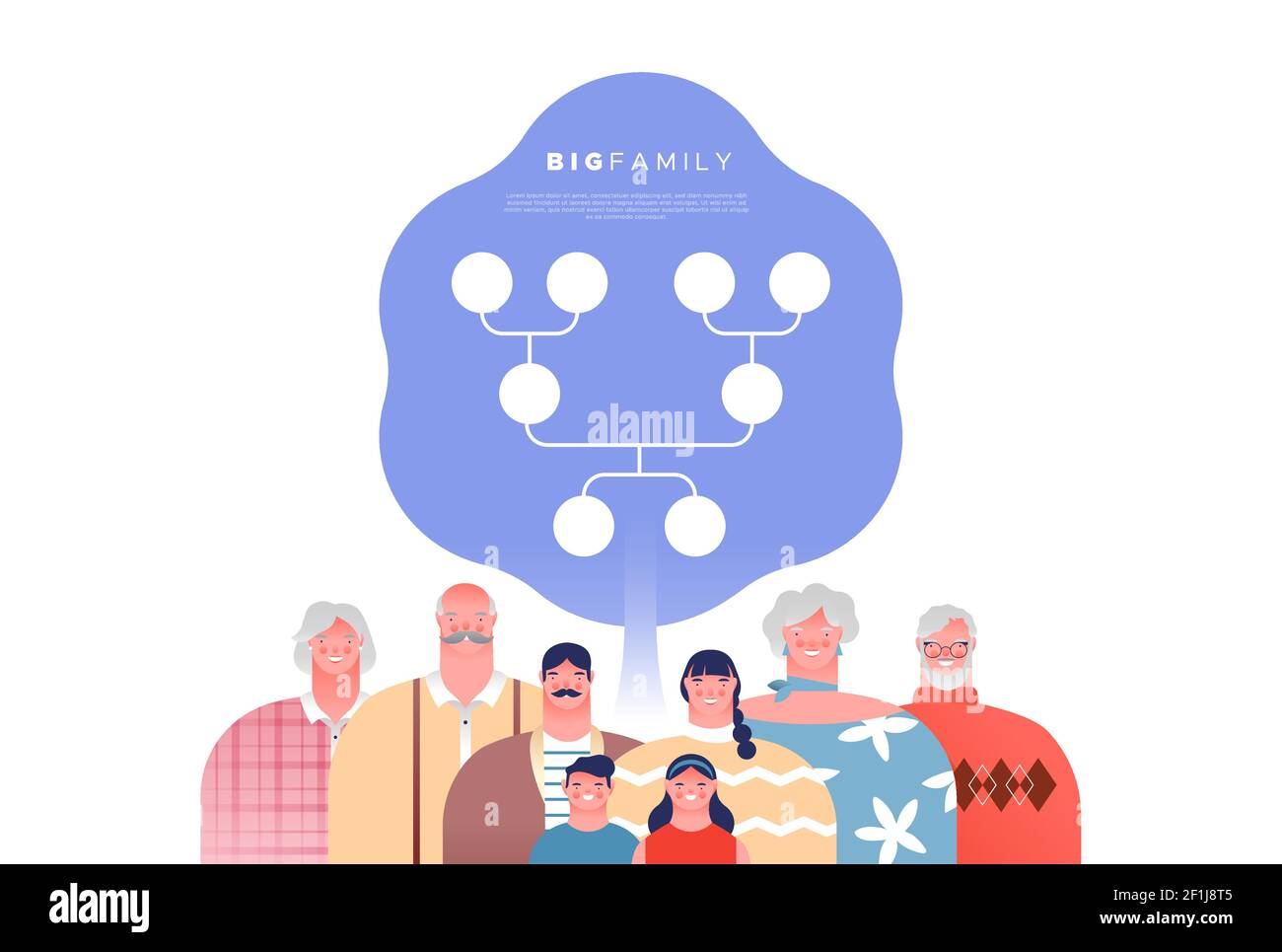 Grande gente felice della famiglia insieme con la mascherina dell'albero della genealogia. Famiglie studio di ascendenza o concetto di educazione storica su sfondo bianco isolato. Illustrazione Vettoriale