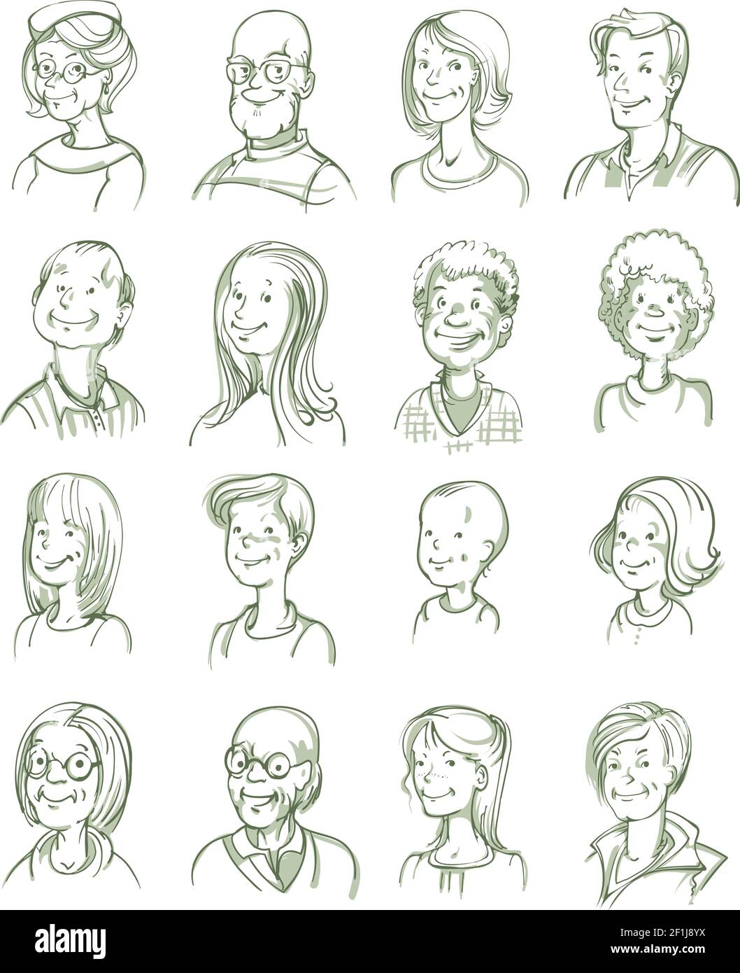 Set di ritratti in bianco e nero disegnati a mano di adulti sorridenti e. illustrazione vettoriale isolata di bambini di varie età Illustrazione Vettoriale