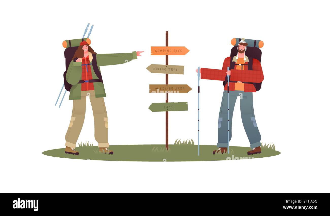 Happy coppia trekking insieme indicando al posto guida foresta per le indicazioni. Concetto di viaggio all'aperto di uomo e donna in campeggio, cartone animato piatto chara Illustrazione Vettoriale