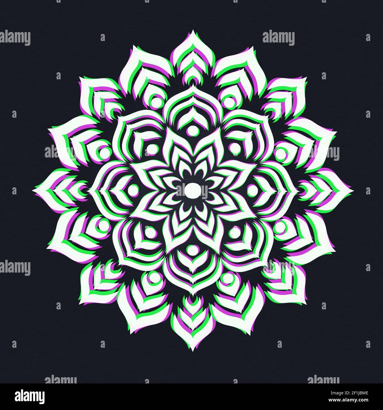Decorazioni tradizionali indiane a mandala. Cerchio colorato di fiori olografici di loto, design etnico su sfondo isolato. Illustrazione Vettoriale
