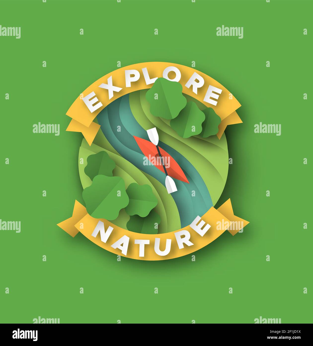 Esplora l'etichetta di citazione della natura in stile artigianale con taglio di carta 3d. Illustrazione sportiva all'aperto con kayak in barca papercut, acqua fluviale e alberi verdi. Zattera estrema Illustrazione Vettoriale