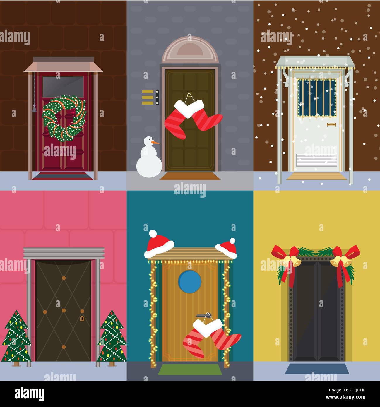 Porte d'ingresso natalizie piatte con calze regalo in corona floreale snowman abete alberi neve cappelli jingle campane isolato vettore illustrazione Illustrazione Vettoriale