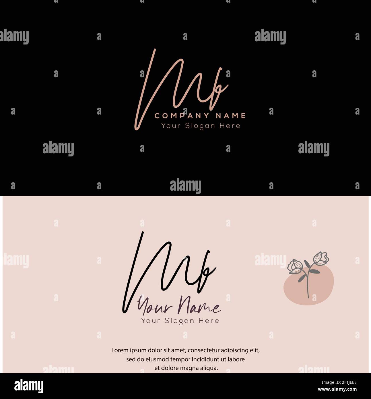 Scritta a mano e logo della firma della lettera iniziale M F MF. Beauty Vector primo logo .Moda, boutique, floreale e botanico Illustrazione Vettoriale