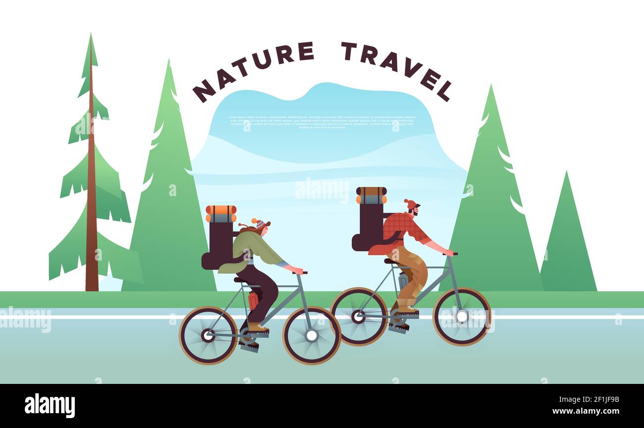 Felice uomo e donna che cavalcano la mountain bike con zaino bagaglio vacanza. Natura viaggio avventura concetto in verde foresta albero paesaggio. Illustrazione Vettoriale