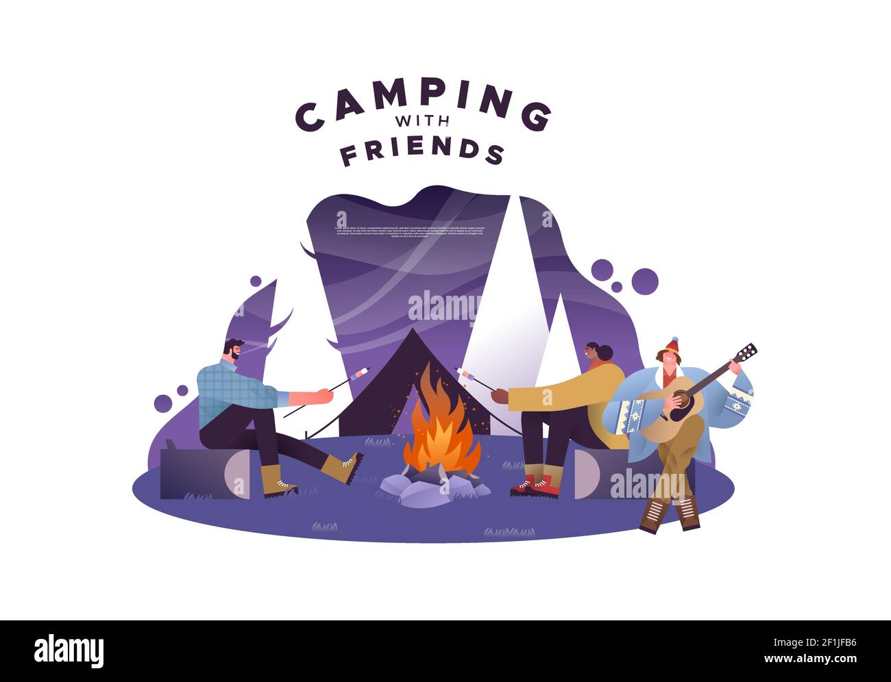 Campeggio con amici illustrazione modello di felice gruppo amico intorno falò di notte. Giovani in vacanza foresta all'aperto divertente. Illustrazione Vettoriale