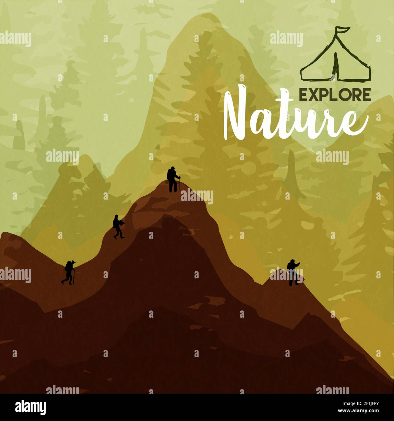 Esplora l'illustrazione della natura delle persone che arrampicano sulle montagne nel verde paesaggio boschivo. Concetto di turismo eco-friendly o sport all'aperto. Illustrazione Vettoriale