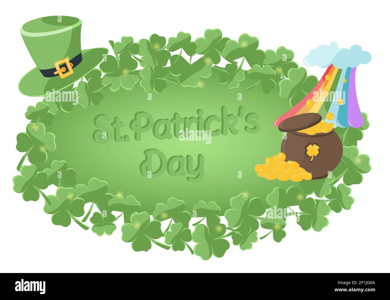 Sfondo festivo per la celebrazione del giorno di San Patrizio. Cartoline, poster o volantini di invito con un cappello verde leprechaun, shamrock, pentola con oro Foto Stock