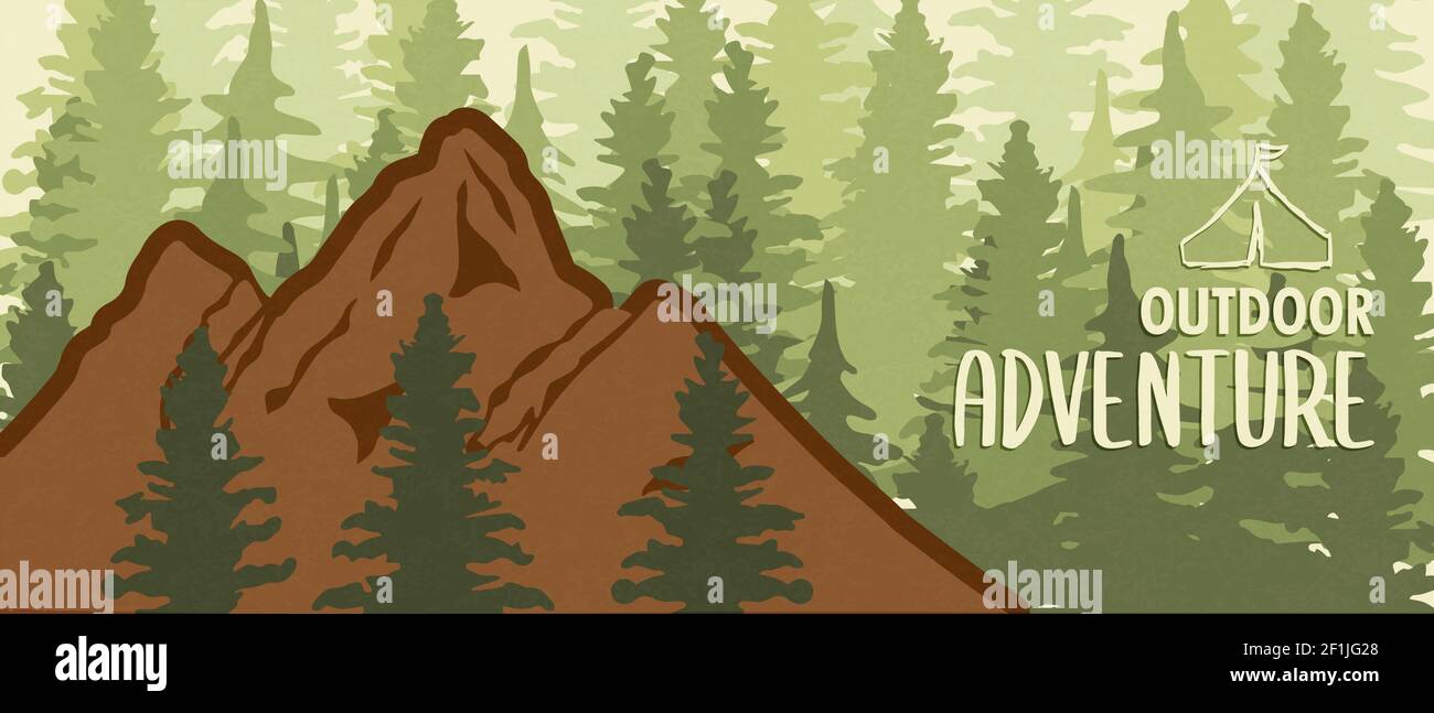 Avventura all'aperto banner illustrazione della montagna in verde pineta paesaggio. Concetto di vacanza eco-friendly turismo. Illustrazione Vettoriale