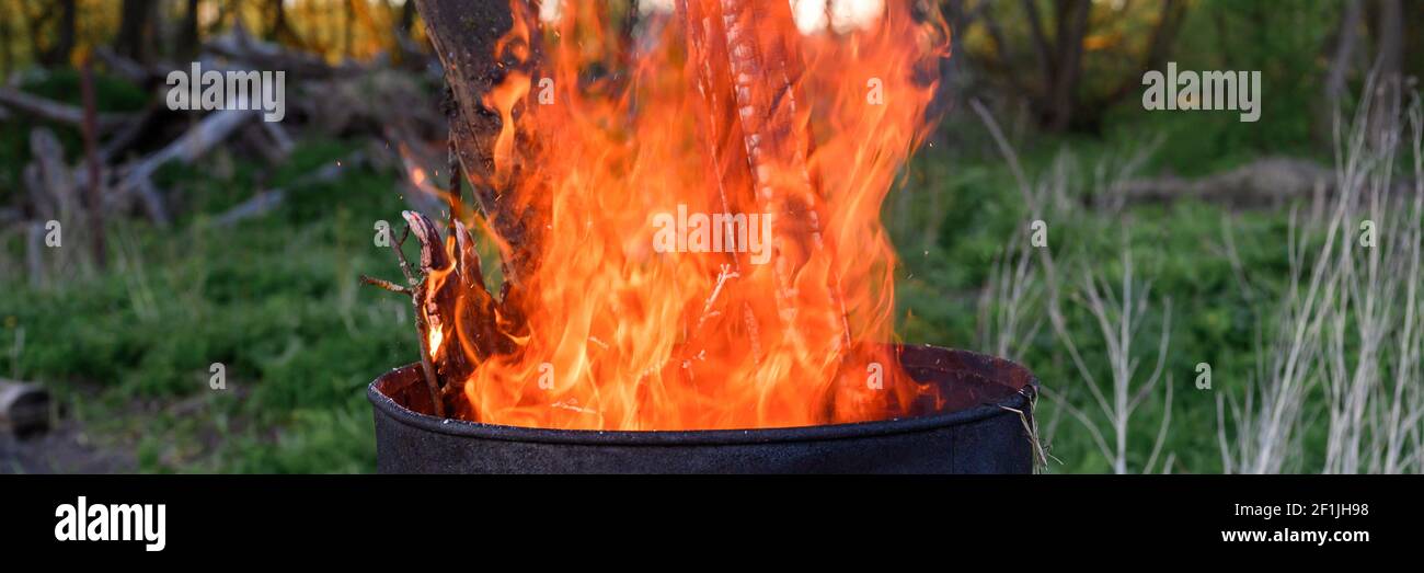 incenerimento dei rifiuti in barile di metallo arrugginito. rami brucianti e erba vecchia dal terreno plot. pulizia primaverile del cortile e giardino. un alte sicuro Foto Stock