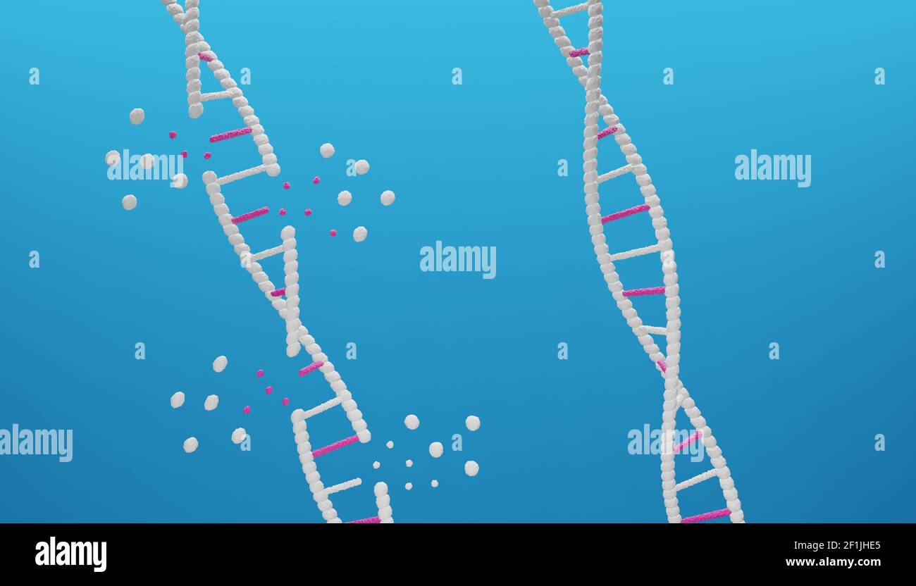 Rendering 3D di DNA danneggiato e DNA sano. Illustrazione di un'immagine digitale per la medicina. Foto Stock