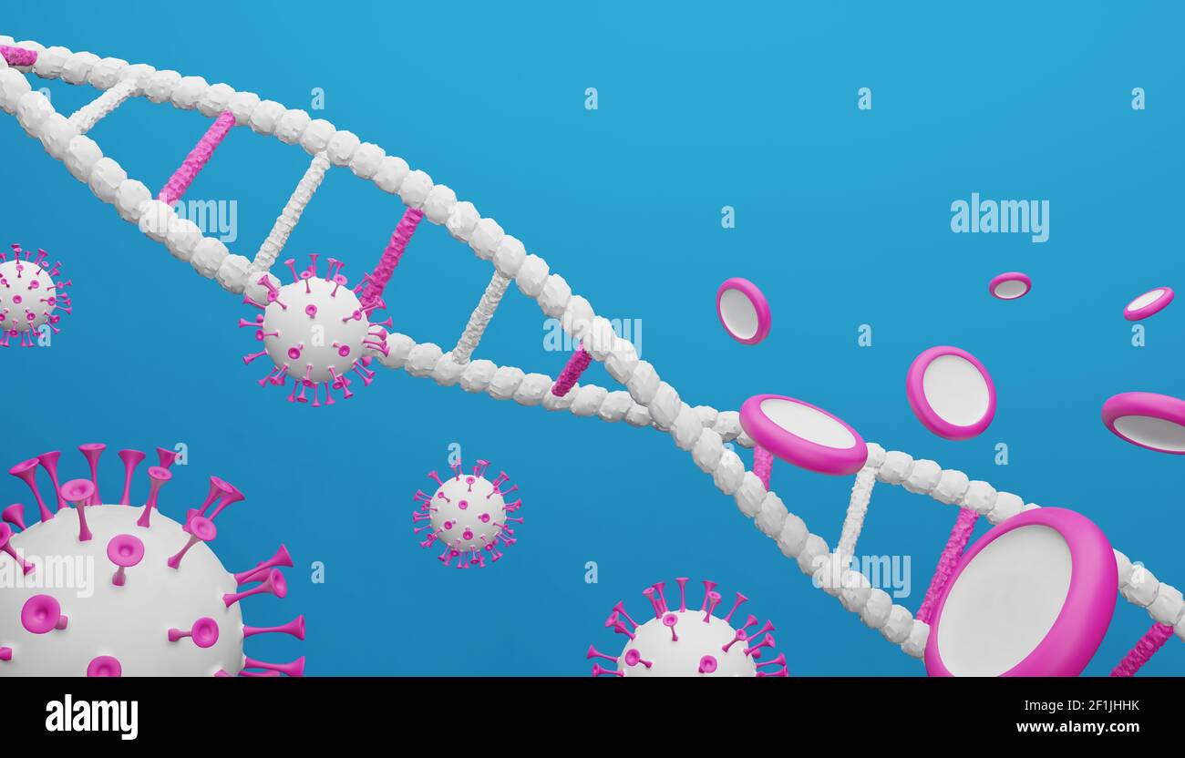 Rendering 3D di un Coronavirus pericoloso per la salute e il DNA umano.Illustrazione di un'immagine digitale per la medicina. Foto Stock