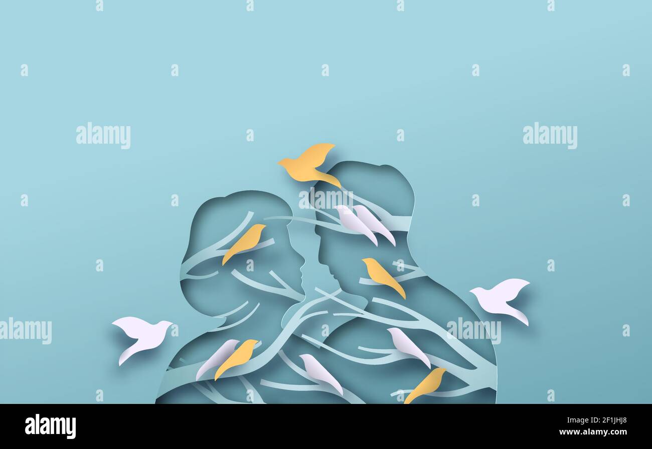 Anziano e donna si guardano l'un l'altro. Persone anziane in silhouette amore con ramo di albero, uccelli animali volare. Genealogia familiare, età avanzata h Illustrazione Vettoriale