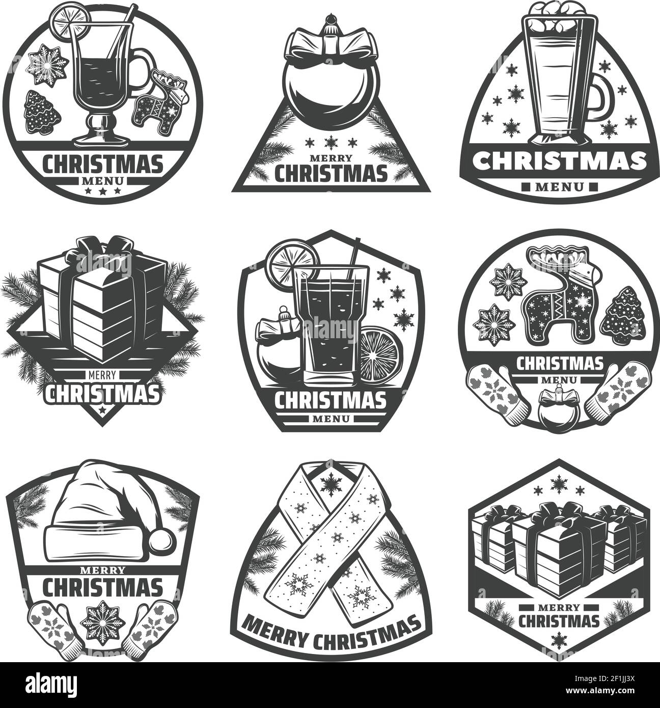 Etichette del menu natalizio in bianco e nero vintage con biscotti allo zenzero per bevande regali mittens palline di cappello di sciarpa rami di abete isolato illustrazione vettoriale Illustrazione Vettoriale